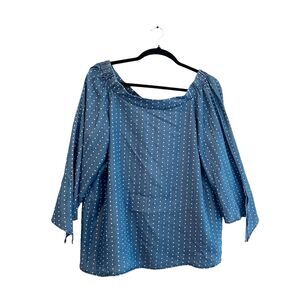 Linea Donna Womens Top 2X Blue Polka Dot Peasant Lyocell Denim Off Shoulder New